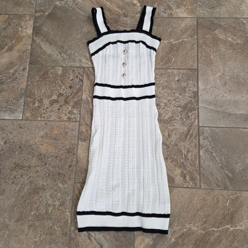 SHEIN Women White Black Striped Ribbed Knit Bodycon Dress Gold Buttons Size XS‎